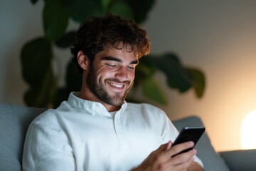 Man smiling using smartphone at home