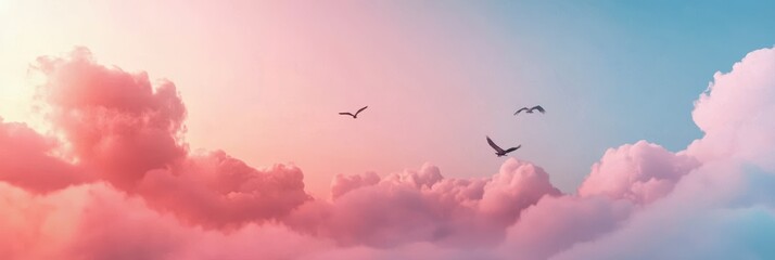 Obraz premium 3d background minimalistic mockup with space for text, gentle pastel clouds with flying birds in the distance