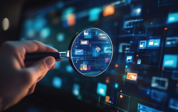 Hand Holding Magnifying Glass on Digital Data