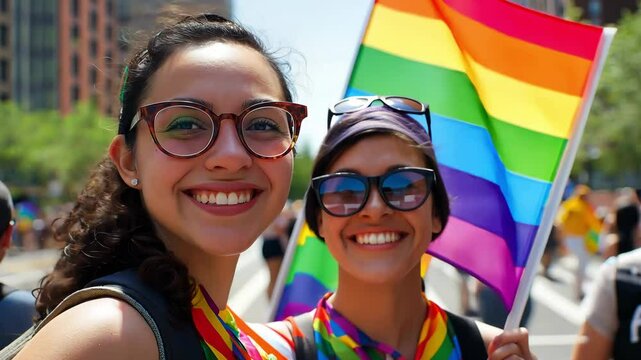 Happy smiling young woman lesbian couple with lgtbq flags celebrating gay pride month together. Lesbian couple raising a rainbow flag at a gay pride parade celebrating pride month. LGBTQ+, Lesbian	