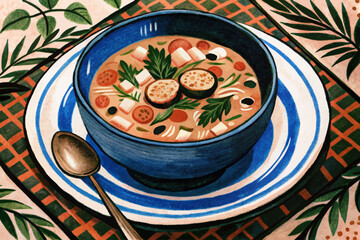 healthy soup in a bowl with vegetables cartoon illustration