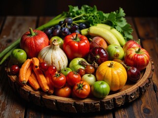 Abundant Harvest of Colorful Organic Vegetables and Fruits on Rustic Wooden Platter