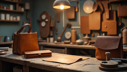 Leather bags and wallet displayed on a wooden table in a craft workshop with vintage tools