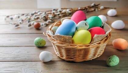 Naklejka premium Wicker basket with easter colorful eggs on kitchen wooden table. Spring easter composition 