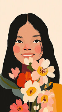 A stylish and uplifting portrait of a serene woman holding spring blooms, depicted in a contemporary minimalist style