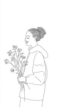 Minimalistic line art of a woman in an oversized hoodie, holding flowers with a peaceful smile