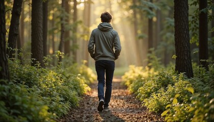 Young man walking through a sunlit forest path surrounded by greenery and trees