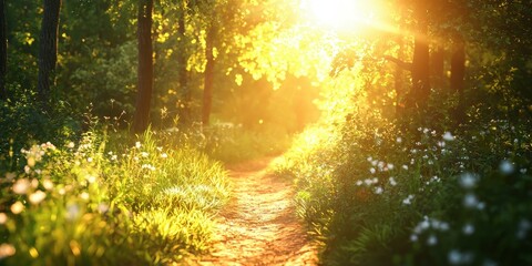 Obraz premium 3d background minimalistic mockup with space for text, soft-focus morning sunbeams illuminating a fresh forest trail