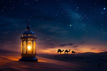 lantern glowing softly in the desert at night, with silhouettes of camels and stars visible above, creating an atmosphere perfect for a Ramadan Kareem celebration.