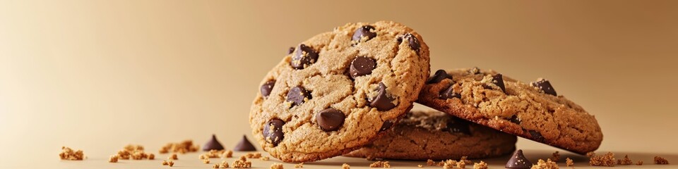 3d background minimalistic mockup with space for text Chocolate Chip Cookies with Crumbs Falling on Cozy Bakery Beige Background