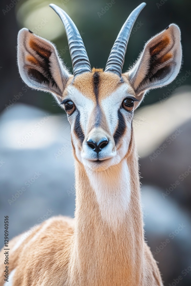 Poster a detailed view of an antelope's distinctive long horns, suitable for use in wildlife, nature or sci