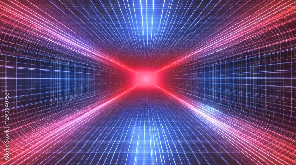 Wall mural a neon tunnel background with glowing rectangular edges in red and blue