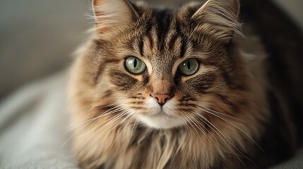 Obraz premium A close-up shot of a cat relaxing on a bed, with a calm and peaceful expression