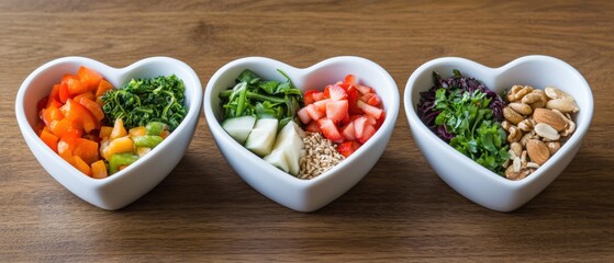 heart shaped bowls filled with healthy food on wooden table