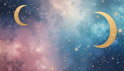 Naklejka premium Golden Crescent Moons and Stars in a Dreamy Night Sky Artwork