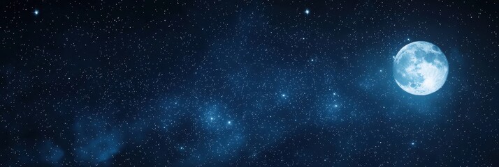 Fototapeta premium 3d background minimalistic mockup with space for text, realistic night sky full of bright stars and a glowing full moon