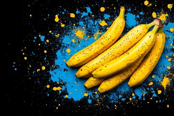 Bananas on black canvas with color splatter, suitable for food concepts & creative designs