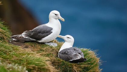 Fototapeta premium Two black-legged kittiwakes rest on a grassy cliffside, overlooking the deep blue ocean in a peaceful and natural setting.