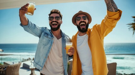 Lottery jackpot winner celebrating with a close friend at a luxurious beach resort. Featuring excitement and joy