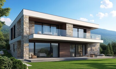 Modern house exterior with stone cladding and large windows, a balcony on the roof terrace overlooking a green lawn and blue sky.