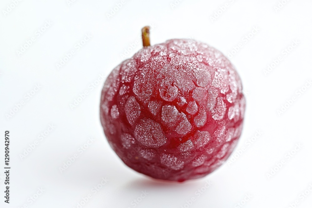 Poster a close-up view of a red apple covered in frost, perfect for winter or autumn themed projects