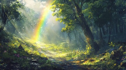 A beautiful forest scene with a rainbow and sunlight shining