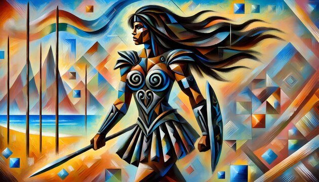 Femme noire Guerri&egrave;re Amazone avec lance, armure et bouclier, cheveux au vent-Style Xena la guerri&egrave;re  