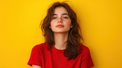 Fototapeta premium beautiful woman with freckles in red shirt against yellow backgr