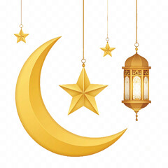 abstract 3d Golden color crescent moon, lantern and star hanging in 3d different golden colour style. Decorative vector elements for Muslim holidays Isolated on a white background © MDShafaat