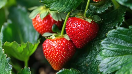 Close-up of bright red strawberries ripening on the plant, rich green leaves providing a natural background for text.