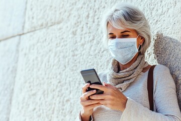 Fototapeta premium A person is checking their phone while wearing a protective face mask