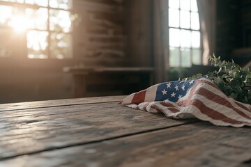 American flag on wooden table with plant. Rustic style, patriotic concept. 4th of July, Memorial Day. Lifestyle, background for banner, social media. Copy space