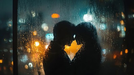 The silhouettes of a couple embracing behind the rainy window