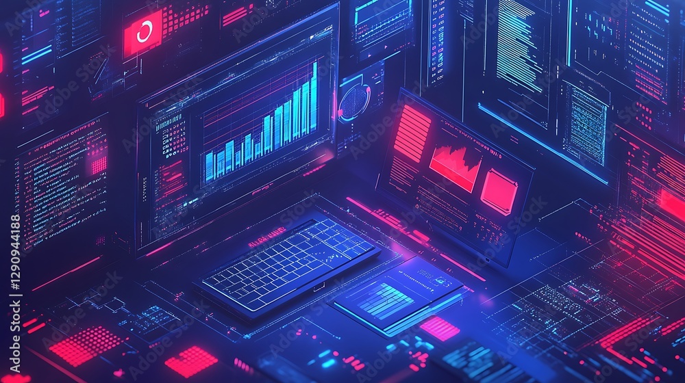 Wall mural futuristic laptop with data streams and virtual graphs, futuristic digital illustration of a laptop 