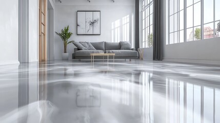 seamless epoxy floor with uninterrupted metallic silver surface, industrial appeal with high-end elegance