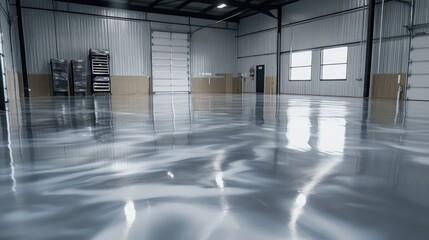seamless epoxy floor with uninterrupted metallic silver surface, industrial appeal with high-end elegance