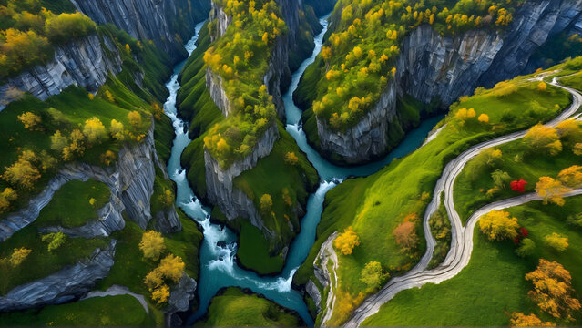 Abstract watercolor background with nature-inspired colors and textures featuring trees, moss, water, and rocks, Generative AI