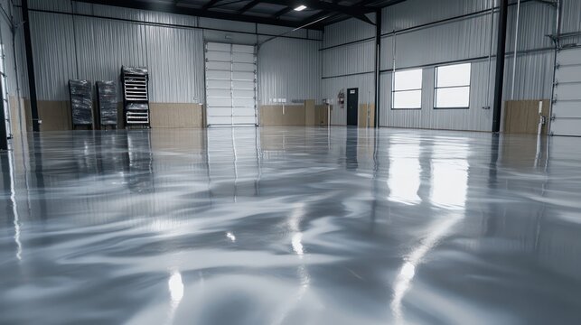 seamless epoxy floor with uninterrupted metallic silver surface, industrial appeal with high-end elegance