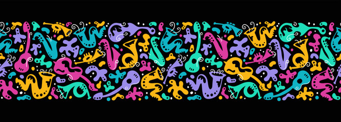 Vibrant hand drawn music instruments seamless pattern, jazz, carnival, wild background, great for packaging, textiles, wallpapers - vector design