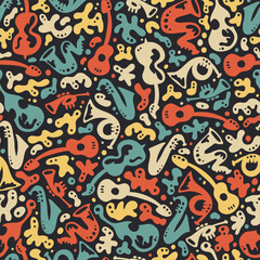 Vibrant hand drawn music instruments seamless pattern, jazz, carnival, wild background, great for packaging, textiles, wallpapers - vector design