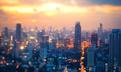 Fototapeta premium Blurred cityscape of Bangkok with skyscrapers during sunset, an urban background for design and travel concepts. Aerial view from above in light pastel colors.