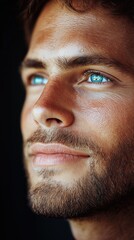Fototapeta premium close portrait of a man in his late twenties, he has got beautiful blue eyes, brown wavy hair and a short beard or stubble