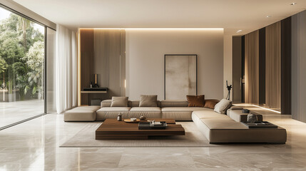 Italian minimalist-style indoor living room with a warm coffee color palette. Use large areas of soft latte-colored walls paired with smooth beige marble flooring. In the center, place a low-profile 