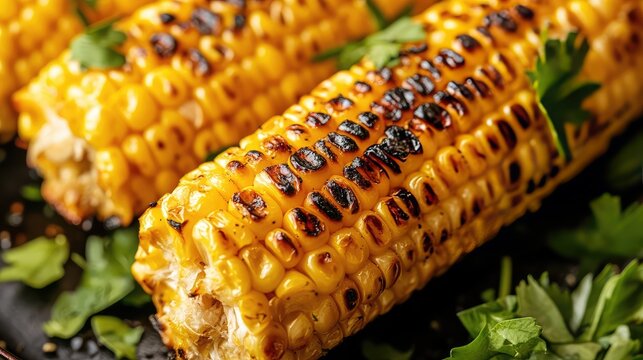 Close-up of grilled corn on the cob with charred marks, surrounded by fresh herbs, offering space for copy.