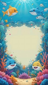 Cartoon Ocean Scene with Sharks and Fish for Kids Background
