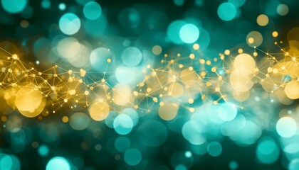 Abstract Network Visualization, Turquoise and Golden Connected Nodes on a Dark Background, Data Flow