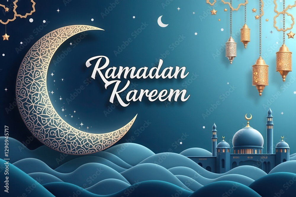 Fototapete a beautifully designed ramadan kareem greeting card featuring an elegant crescent moon with intricat