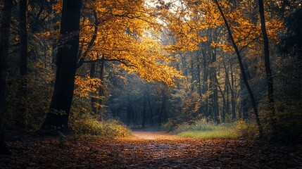 Obraz premium Sunlit autumn path through a mystical forest.