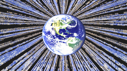 Digital Data Streams Flowing Around Earth Globe Abstract Cosmic Background