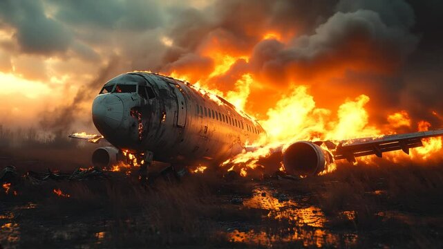 The remnants of a crashed airplane engulfed in flames